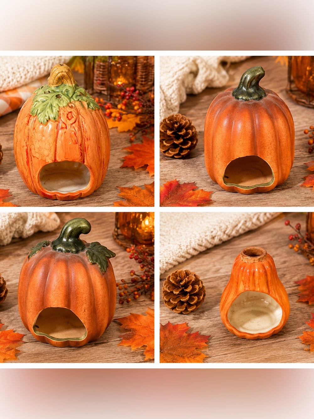 Vintage Set of 4 Ceramic Jack-O’-Lantern Pumpkin Candle Holders | Halloween - Picture 2 of 2